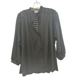 Vintage Teddi of California Black Sequin Shoulder Button Front‎ Blouse Size 14